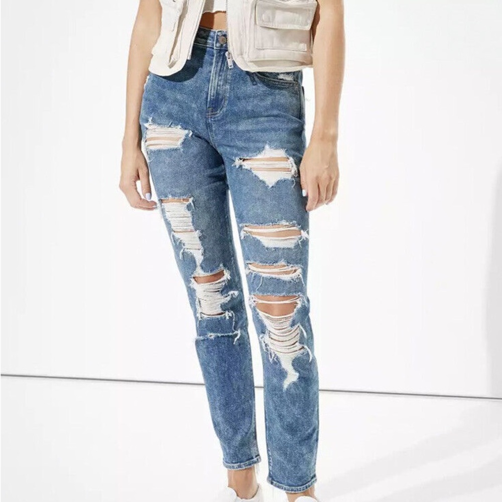 American Eagle Outfitters Ripped Blue Straight Leg Jeans
